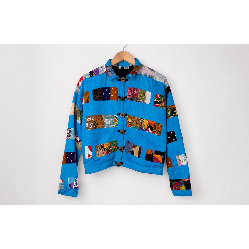 Vintage 90s Colorful Patchwork Rayon Jacket Womens Large Boho Art to Wear